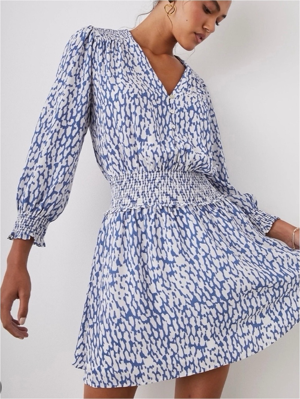 Rails Blue & White Long Sleeve Smocked Waist Dress
